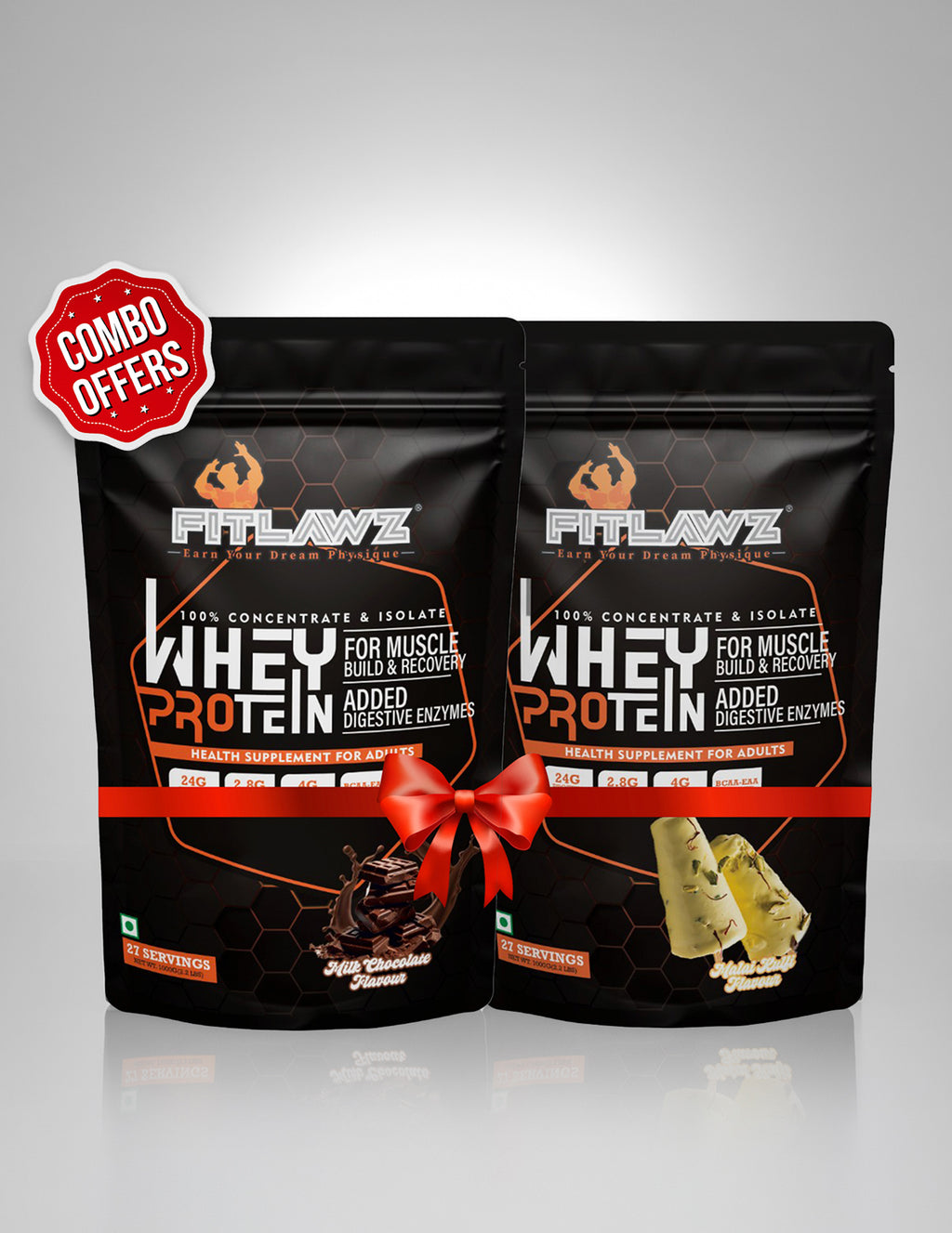 FITLAWZ - Combo Pack | Whey Protein - 1 kg + 1 kg | Malai Kulfi + Milk Chocolate