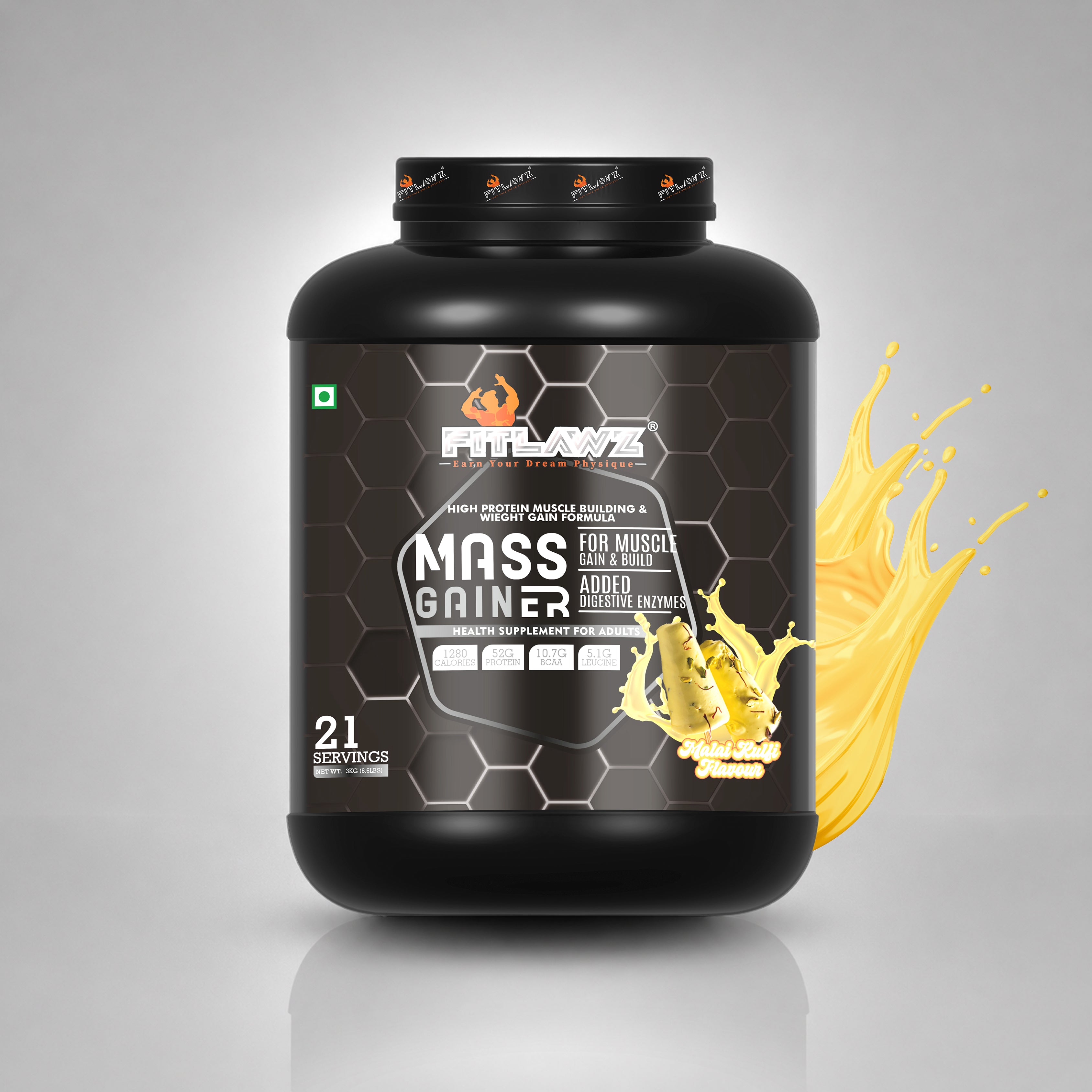 FITLAWZ - Mass Gainer - 3 kg | For Muscle Build & Gain | Malai Kulfi | 21 Servings