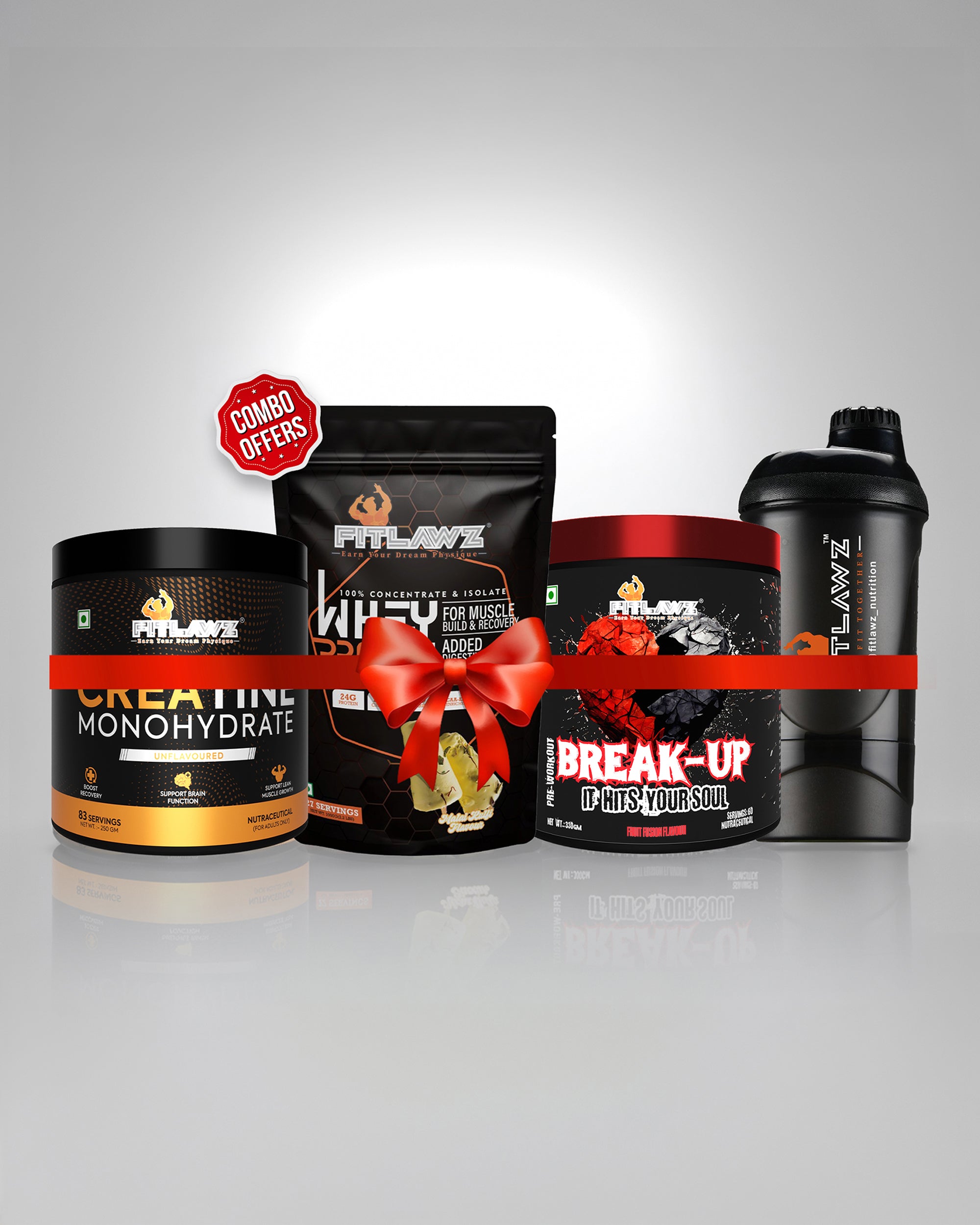 FITLAWZ - Lean Muscle Stack | Whey Protein - 1kg + Creatine- 250g + Pre Workout - 60 Servings + Gym Shaker