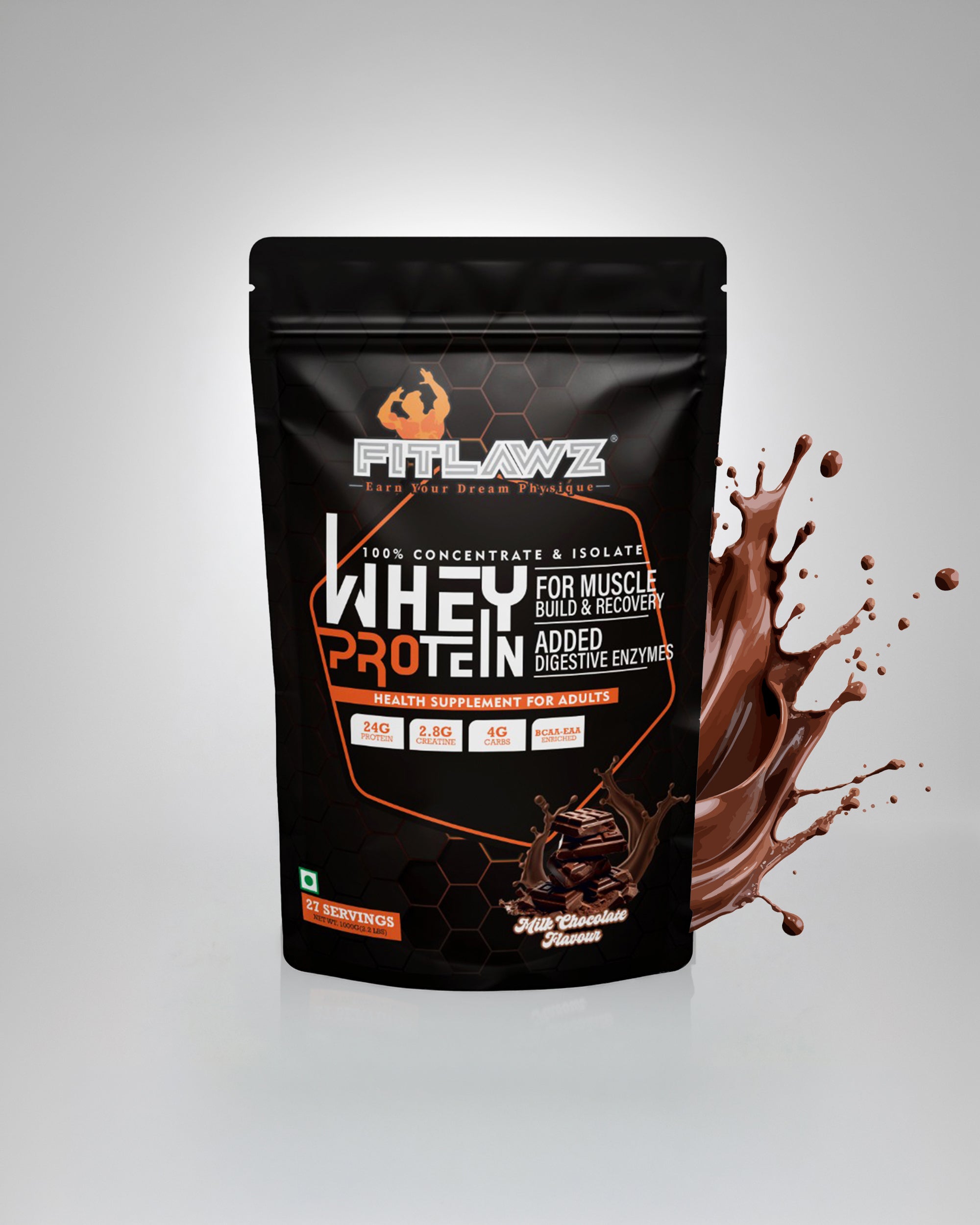 FITLAWZ - Whey Protein - 1 kg | Added Digestive Enzymes | Milk Chocolate | 27 Servings
